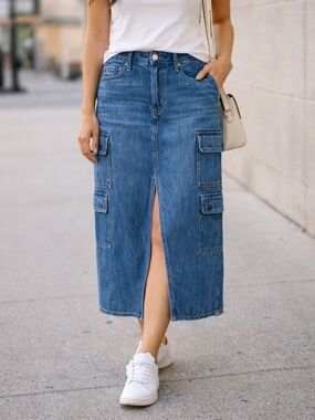 American Eagle Denim Cargo Midi Skirt Size 6 High Rise Front Slit NWT